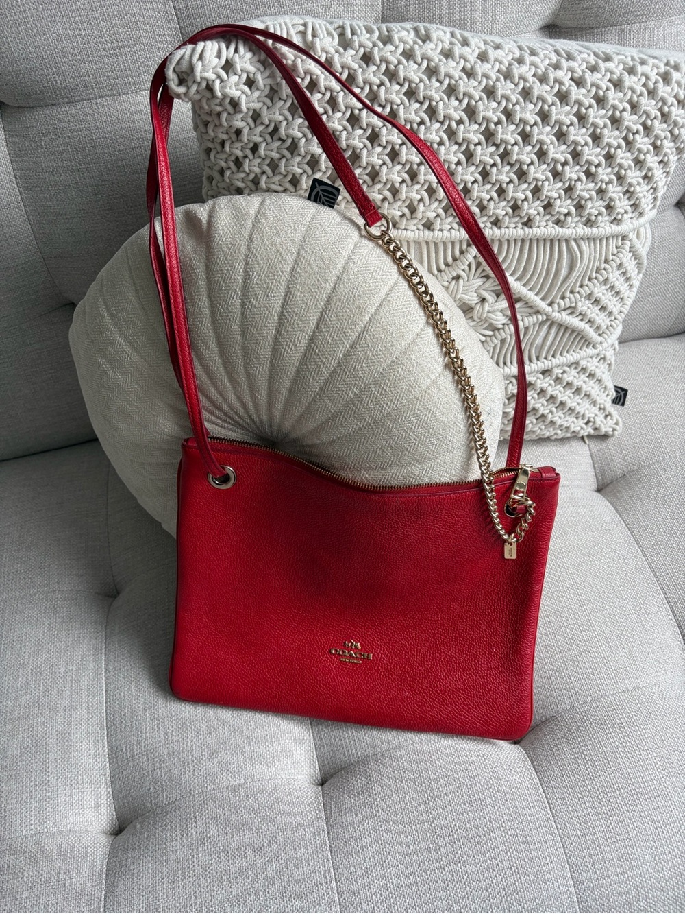 Coach Red Pebbled Leather Drawstring Shoulder Bag with Gold Chain  Accent